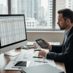 Un investisseur de profil professionnel, en costume bleu marine, est assis à un bureau en bois devant une grande fenêtre donnant sur des gratte-ciel. Il analyse attentivement un tableau de données fiscales complexe affiché sur un grand écran d'ordinateur, tout en tenant une calculatrice. Sur son bureau se trouvent des graphiques imprimés, une tablette, un stylo et un classeur noir.