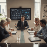 Une famille composée de deux générations (un couple de seniors et un couple plus jeune) est assise autour d’une table de conférence moderne dans un bureau lumineux avec vue sur la ville. Un conseiller en gestion de patrimoine, en costume professionnel, leur présente des documents et une tablette.