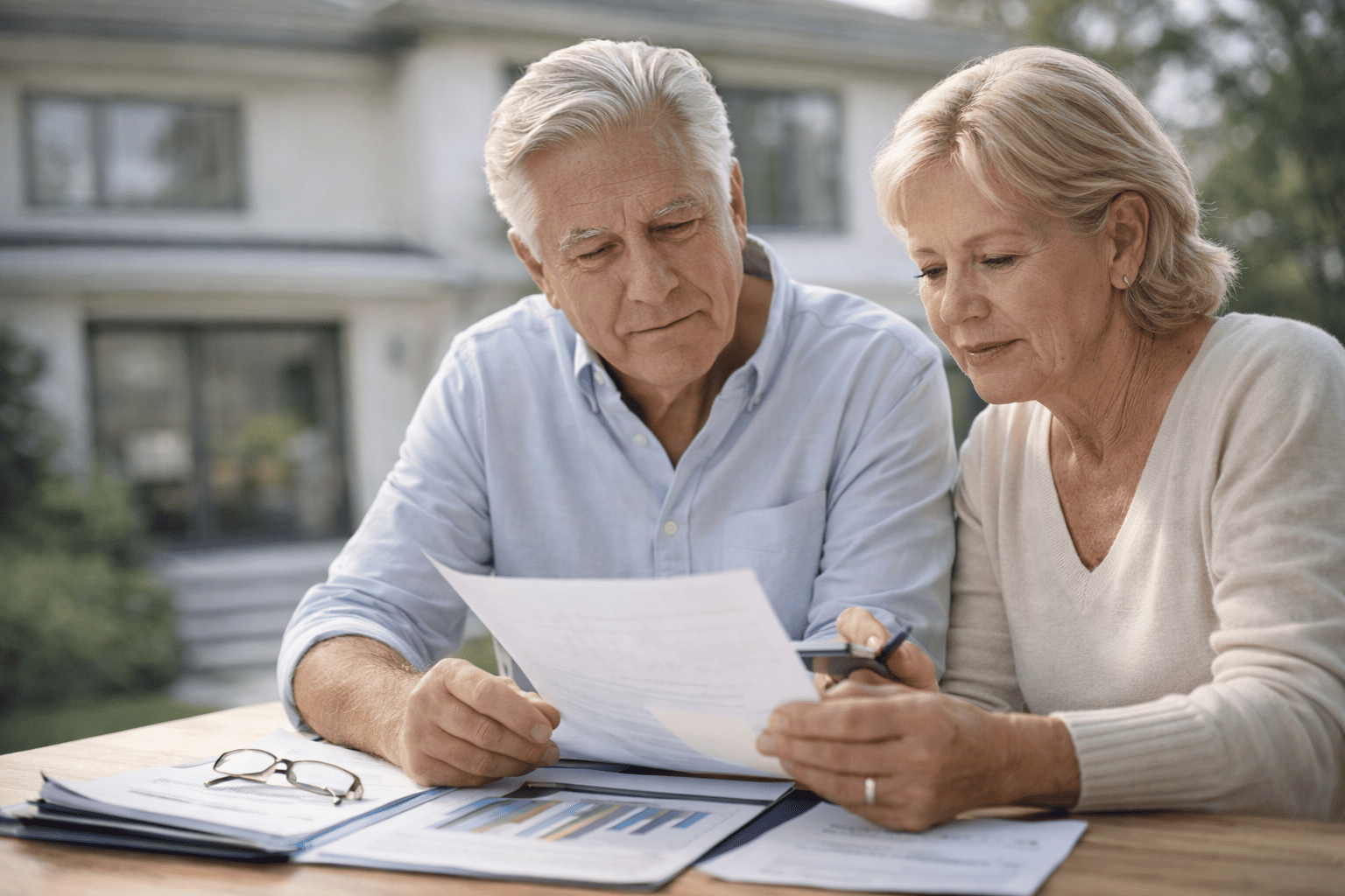 Couple de seniors étudiant des documents financiers devant leur maison, illustrant un patrimoine existant mais des projets à financer.