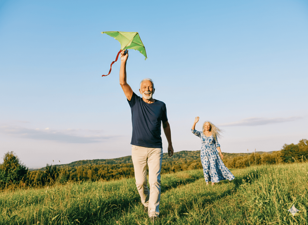 Un couple de seniors souriants profite d'une journée en plein air dans une prairie verdoyante ; l'homme court au premier plan en tenant un cerf-volant vert, tandis que la femme aux longs cheveux gris le salue joyeusement en arrière-plan. Ils profitent de la retraite,