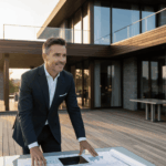 Un homme élégant en costume sombre se tient sur la terrasse en bois d'une villa luxueuse et moderne. Il est penché au-dessus d'une table en verre où sont étalés des plans architecturaux et des graphiques financiers, complétés par une tablette numérique.