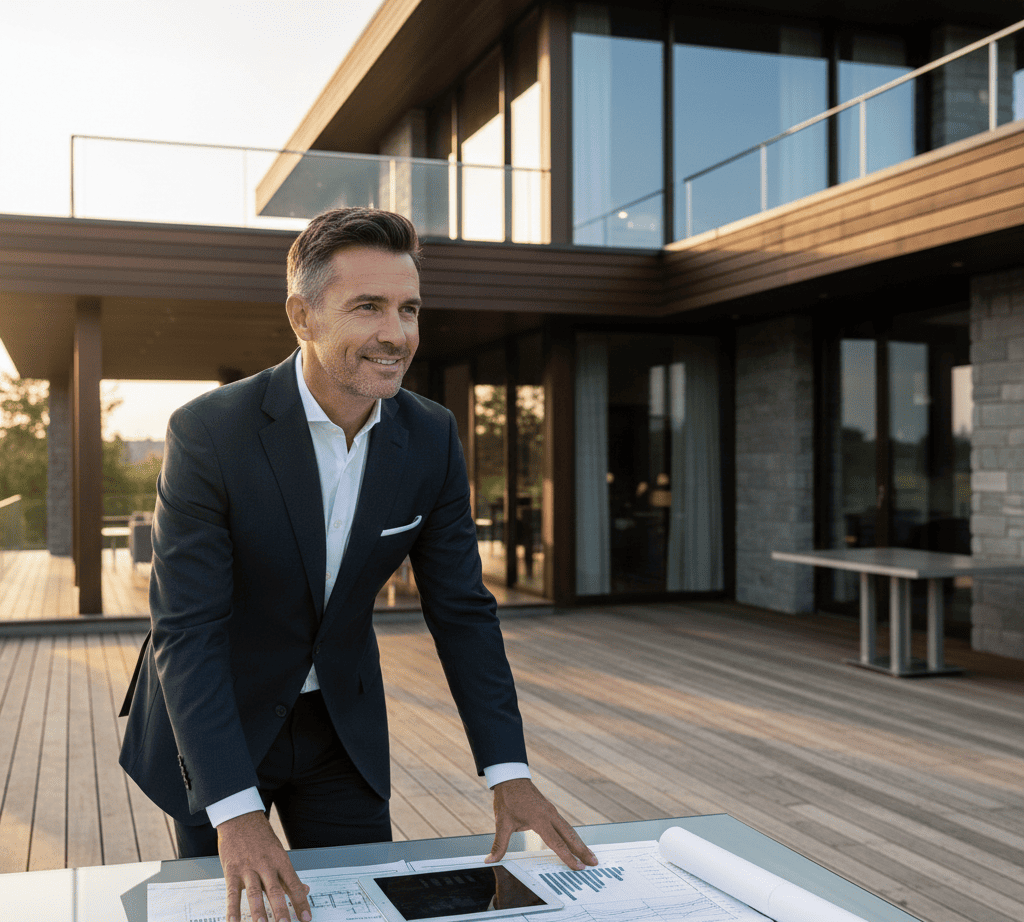 Un homme élégant en costume sombre se tient sur la terrasse en bois d'une villa luxueuse et moderne. Il est penché au-dessus d'une table en verre où sont étalés des plans architecturaux et des graphiques financiers, complétés par une tablette numérique.