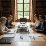 Une scène de réunion formelle dans un bureau de style bibliothèque aux boiseries sombres. Quatre personnes, représentant deux générations d'une même famille, sont assises autour d'une grande table en bois massif. Au centre de la table se trouve une maquette blanche d'une maison moderne, entourée de dossiers juridiques, de plans d'architecte et de sceaux officiels. L'atmosphère est studieuse et solennelle, évoquant la gestion d'un patrimoine immobilier via une SCI familiale.