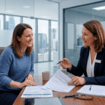 Deux femmes en réunion dans un bureau moderne discutent de documents financiers pour un prêt de trésorerie hypothécaire aux conditions avantageuses, avec un plan d'affaires visible en arrière-plan.