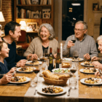 Photographie chaleureuse d'un repas de famille multigénérationnelle autour d'une grande table en bois, illustrant la cohésion familiale et les enjeux de la transmission de patrimoine via une SCI. Grands-parents, enfants et petits-enfants partagent un moment convivial dans un intérieur cosy avec mur en briques et bibliothèque en arrière-plan.
