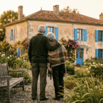 couple de senior dans le jardin de dos, pris en photo au coucher d u soleil, ils regardent leur maison