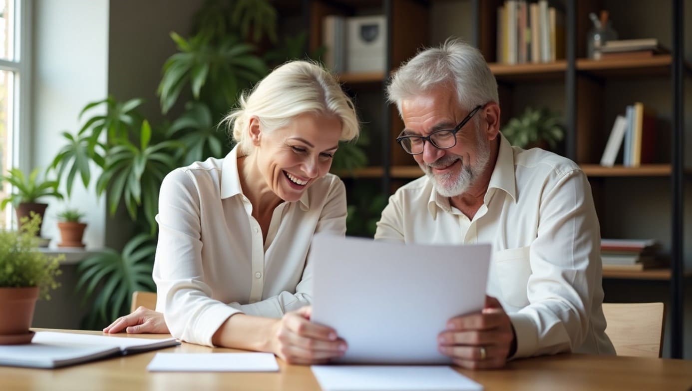 L'image montre deux personnes, une femme et un homme. Couple de retraités avec des cheveux clairs et gris respectivement, assis côte à côte à une table en bois. Ils sourient et semblent partager un moment agréable en regardant ensemble un document qu'ils tiennent. La femme, à gauche, porte une chemise blanche et rit. L'homme, à droite, porte une chemise claire et des lunettes, et sourit également. L'arrière-plan flou suggère un intérieur avec des plantes vertes et une étagère remplie de livres. La scène évoque la lecture d'un contrat de crédit pour retraités