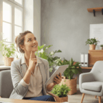 Une jeune femme dynamique et souriante, assise à son bureau avec une tablette, le regard pensif et une main sur le menton comme si elle s'interrogeait pour savoir s'il est intéressant de faire un rachat de crédit