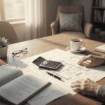 Mains d’un propriétaire sur un bureau avec plan immobilier, calculatrice et café, illustrant le montant que l'on peut obtenir avec une hypothèque dans le cadre d'un prêt hyopthécaire.