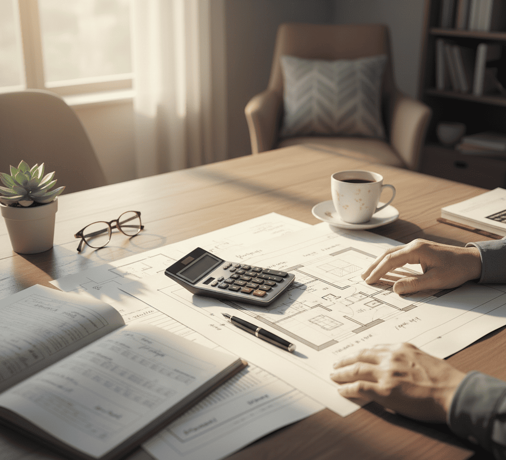 Mains d’un propriétaire sur un bureau avec plan immobilier, calculatrice et café, illustrant le montant que l'on peut obtenir avec une hypothèque dans le cadre d'un prêt hyopthécaire.