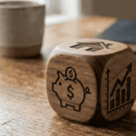 Dés, posé sur un bureau. Il plusieurs face visibles: une tirelire, une maison. Il symbolise le patrimoine immobilier et le fait de pouvoir le monétiser.
