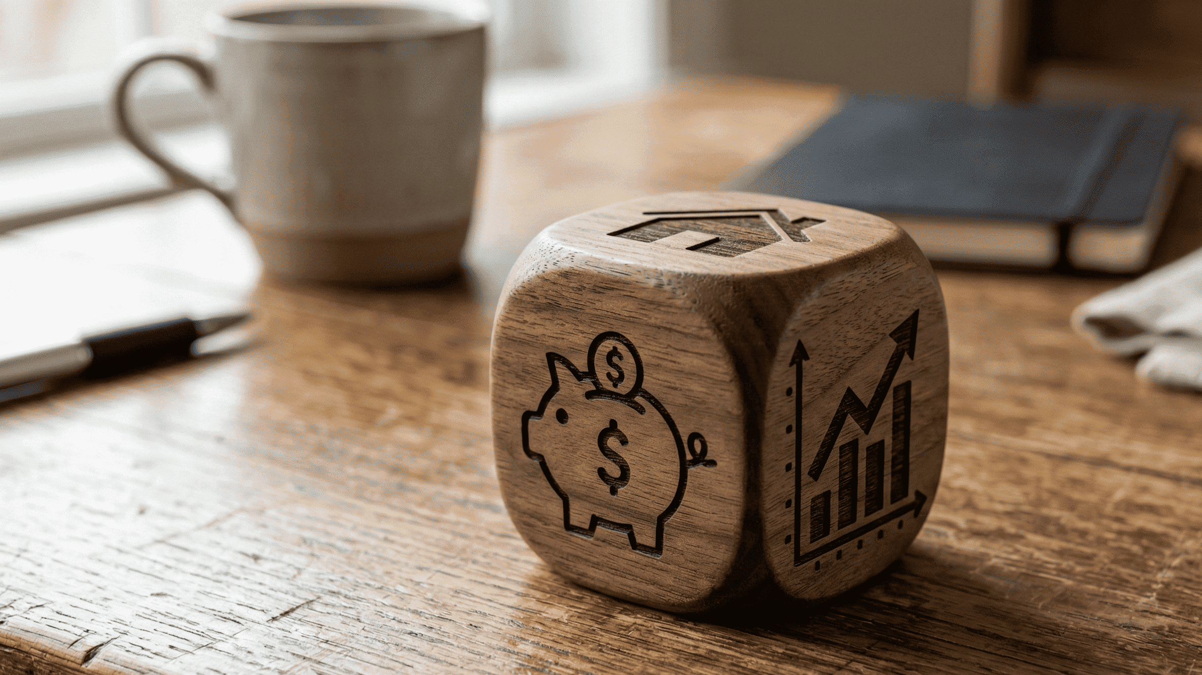Dés, posé sur un bureau. Il plusieurs face visibles: une tirelire, une maison. Il symbolise le patrimoine immobilier et le fait de pouvoir le monétiser.