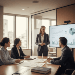 Expert financier en costume présentant une stratégie de prêt hypothécaire multi projets à un couple de clients dans un bureau minimaliste et moderne. Des graphiques, des plans de propriété et des documents élégants sont disposés sur la table, éclairés par une lumière neutre et chaleureuse, dégageant une ambiance corporative et haut de gamme.