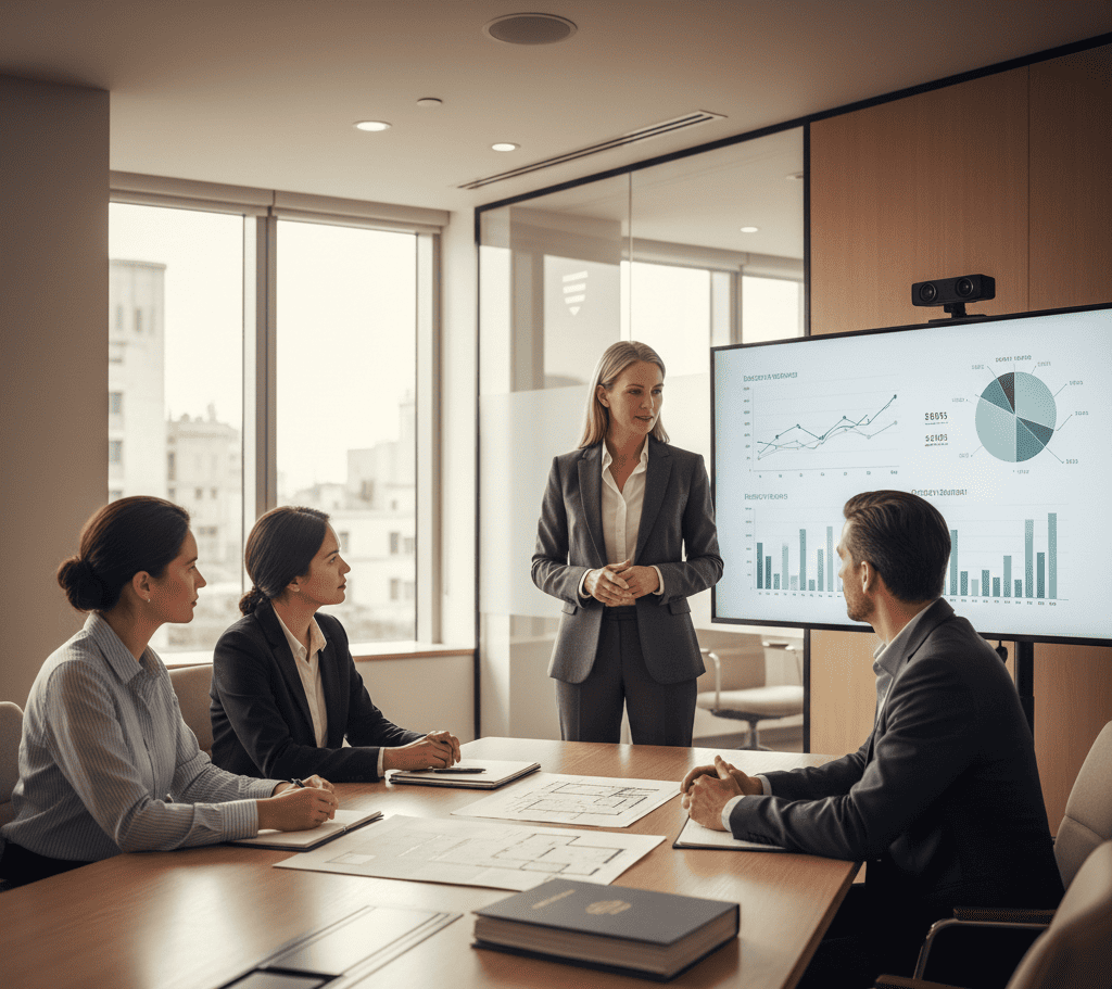Expert financier en costume présentant une stratégie de prêt hypothécaire multi projets à un couple de clients dans un bureau minimaliste et moderne. Des graphiques, des plans de propriété et des documents élégants sont disposés sur la table, éclairés par une lumière neutre et chaleureuse, dégageant une ambiance corporative et haut de gamme.