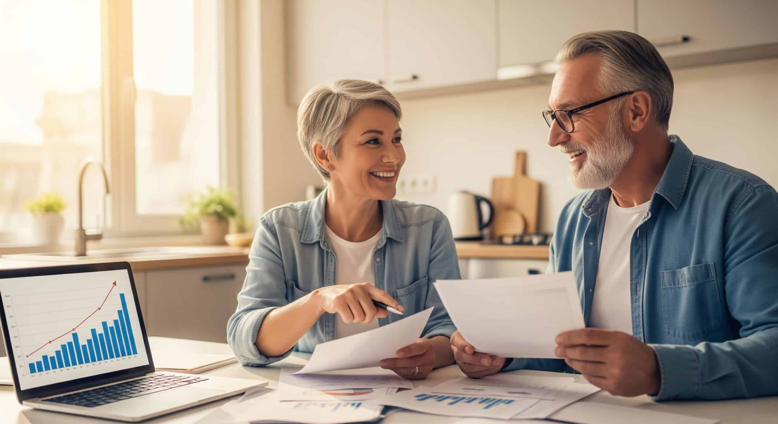 Couple de jeunes seniors souriants assis à une table, consultant des documents financiers et un ordinateur portable, illustrant le rachat de crédit après 60 ans.