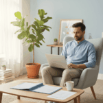 Personne utilisant un ordinateur portable chez elle pour un rachat de crédit rapide en ligne, ambiance sereine et moderne.