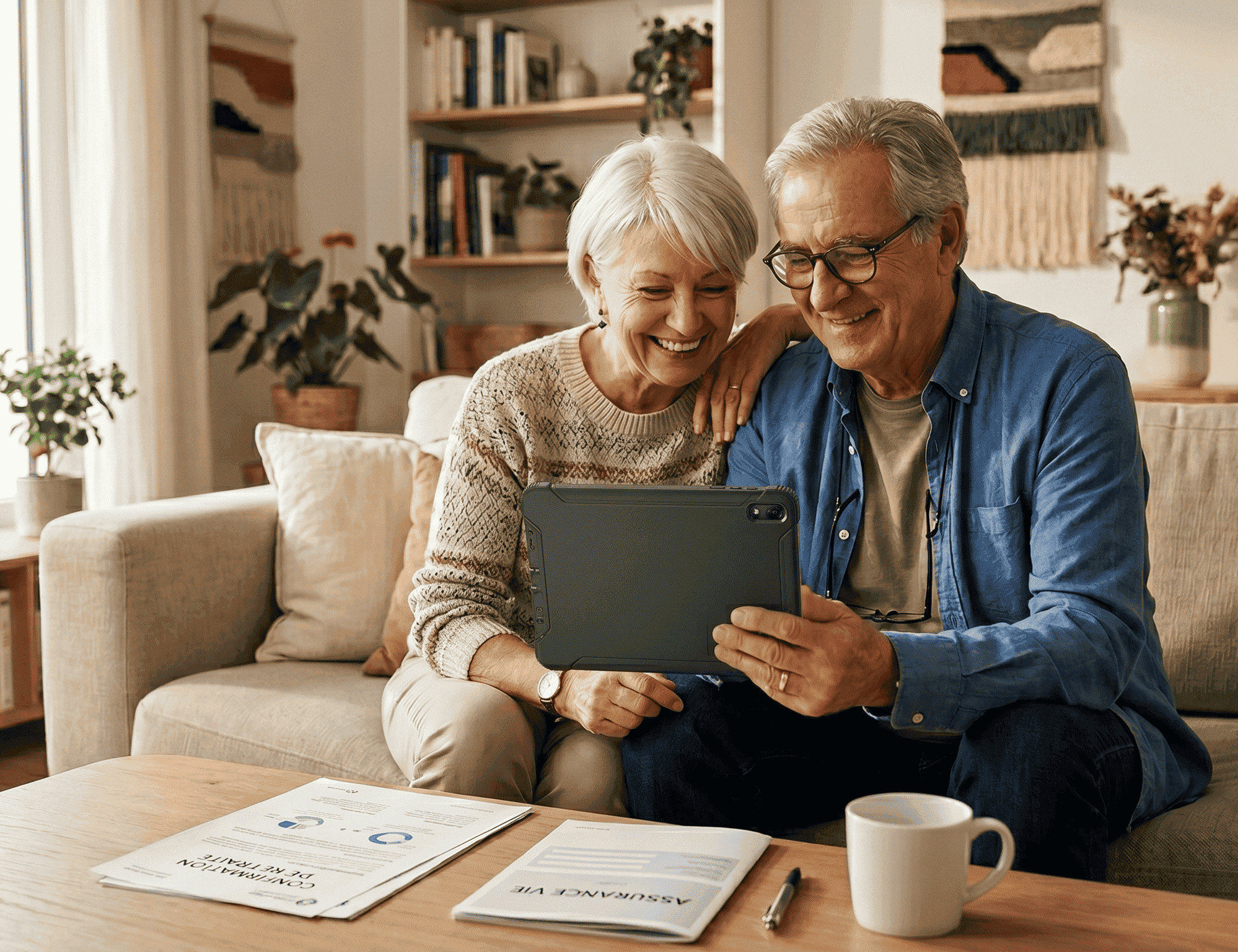 couple senior dans leur salon étudiant des solutions de financement