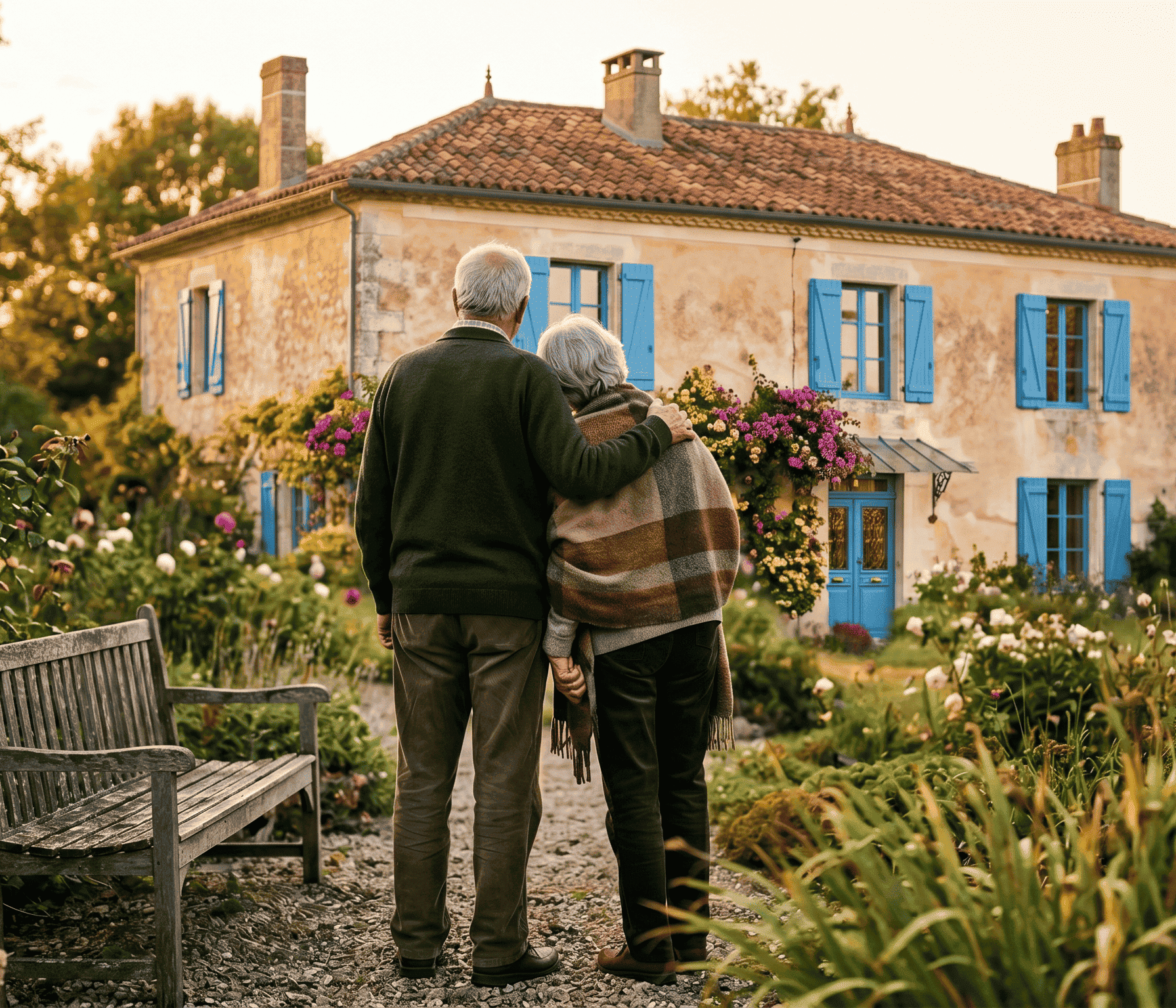 couple de senior pris en photo de dos, devant leur maison.