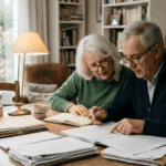 Couple de senior à leur domicile étudiant des documents qui sont des contrats de prêt viager hypothécaire